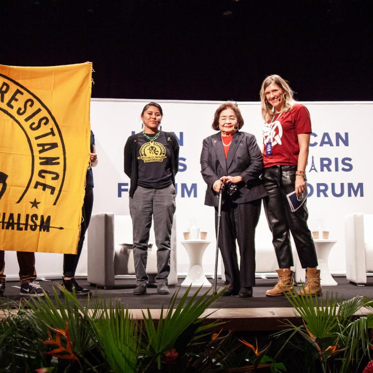 Indigenous Action community organizer Leona Morgan (Diné/Navajo), with Hiroshima-bomb survivor Setsuko Thurlow, and ICAN Executive Director Beatrice Fihn, ICAN Paris Forum, 14-15 February 2020.