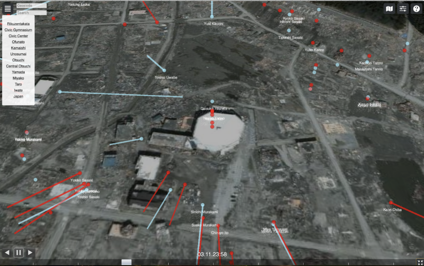 The digital representations of people’s evacuation paths in Rikuzentakata, March 11th, 2011. Male residents (blue) and female residents (red) heading toward the community gymnasium, which was inundated by the tsunami. 
