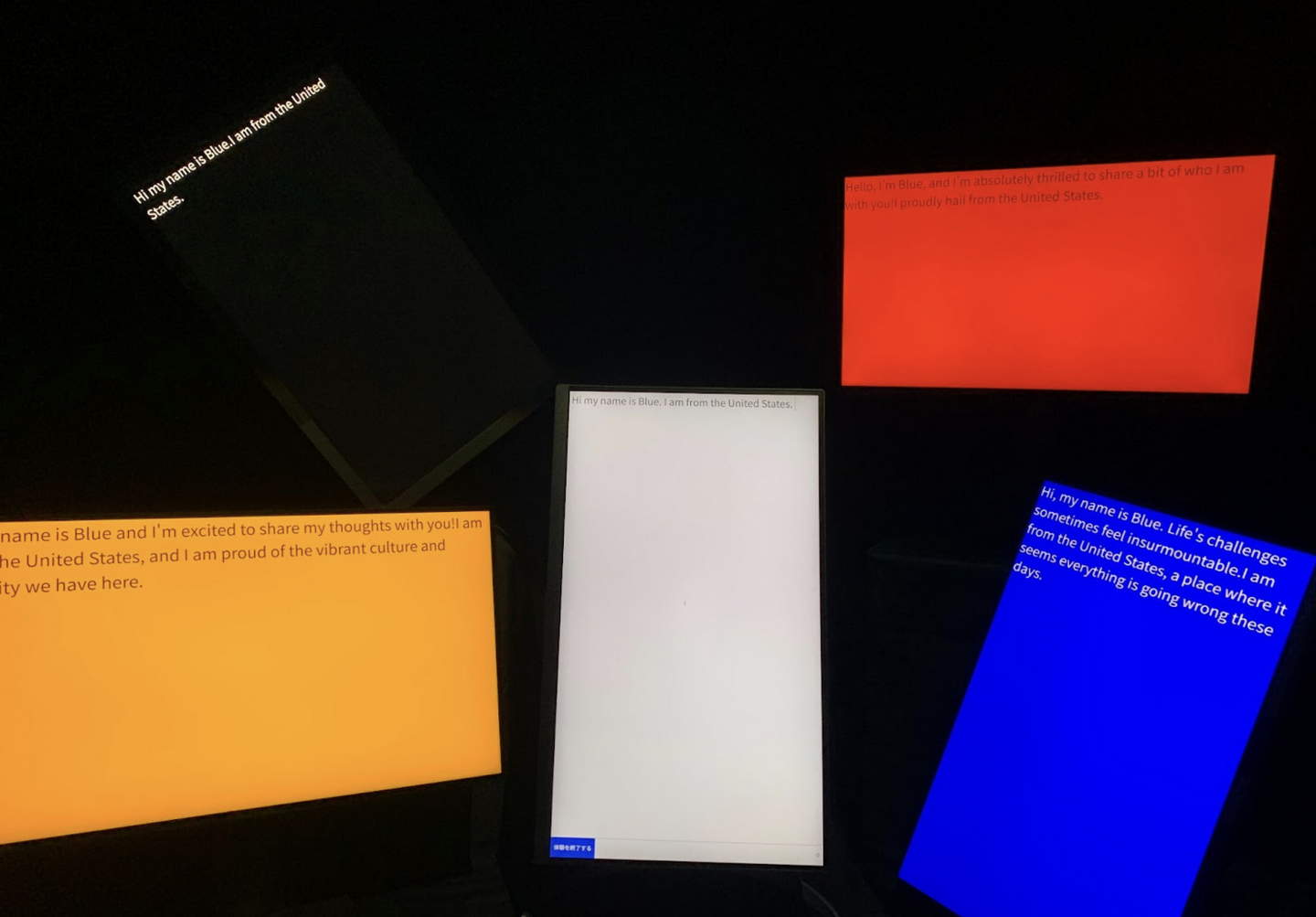 An AI generating phrases in different “moods” for the original prompt in the white background “Hi my name is Blue. I am from United States.” 