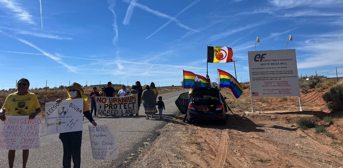 Rally at the end of the spiritual walk, at the entrance of the White Mesa Uranium Mill. 