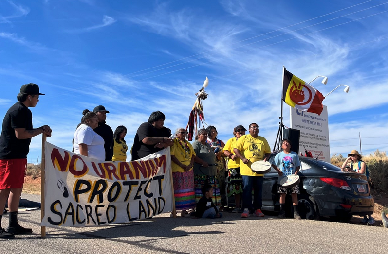Rally at the end of the spiritual walk, at the entrance of the White Mesa Uranium Mill. 