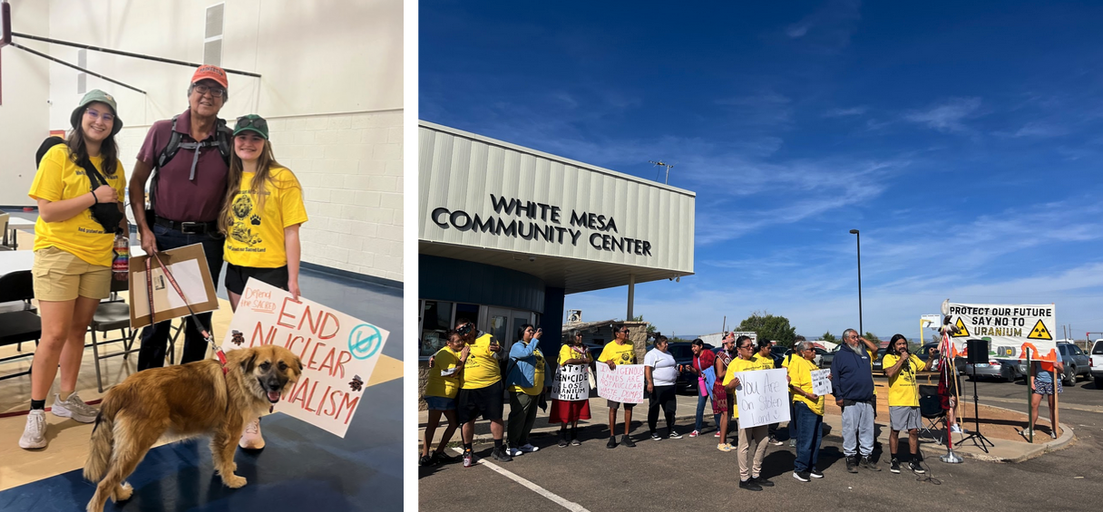 (Left to right) Ella Weber ‘25, Larry Nez ‘73 and Jessica Lambert ‘22. Rally outside of the White Mesa Community Center before the spiritual walk and protest.