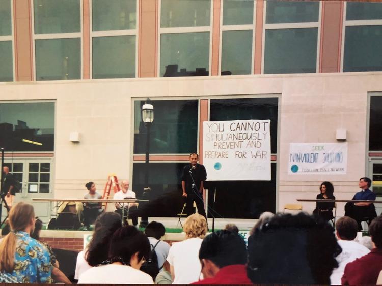 Zia Mian gives a speech at the Princeton protest against plans for war against Afghanistan, September 2001.